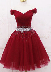 A-Line Off-the-Shoulder Sleeveless Tulle Homecoming Dress with Pleated Beading - 27Dress